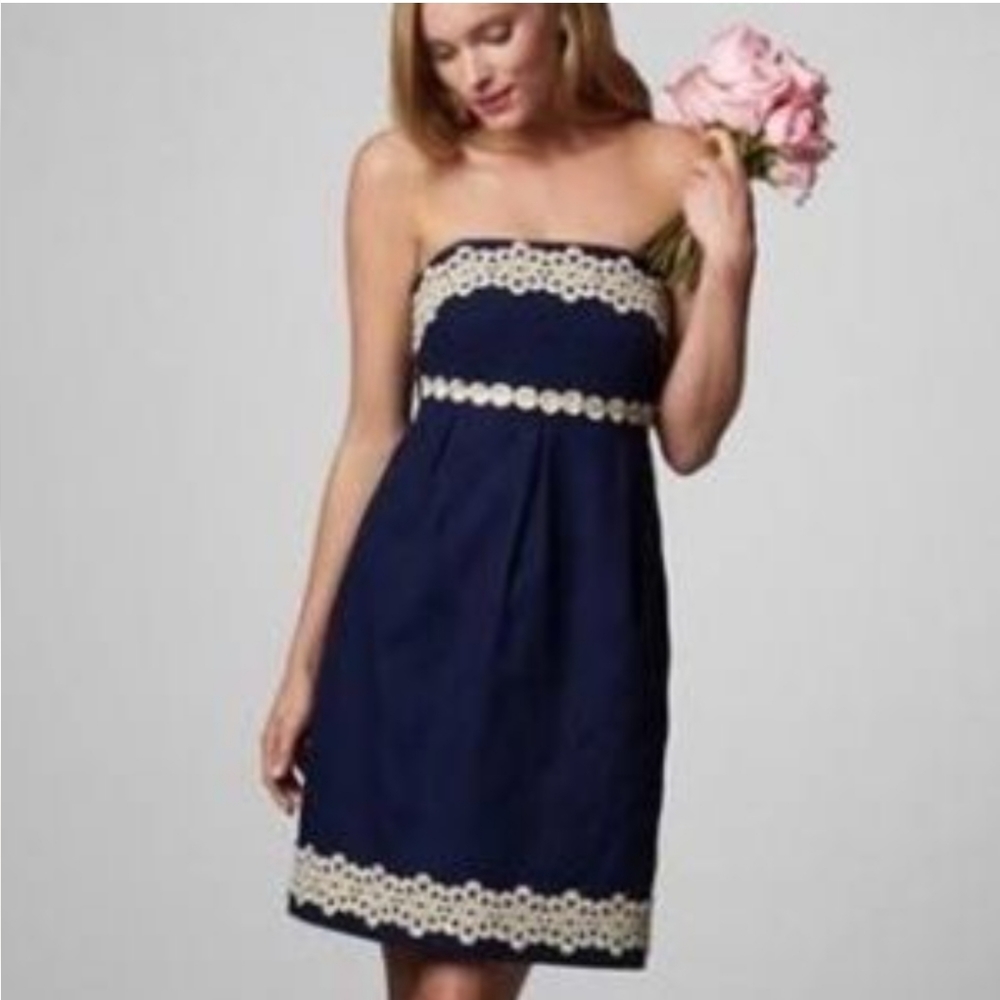 Lilly Pulitzer Betsy Strapless Mini Dress Navy Blue Cotton Jaquard Gold Lace 2
